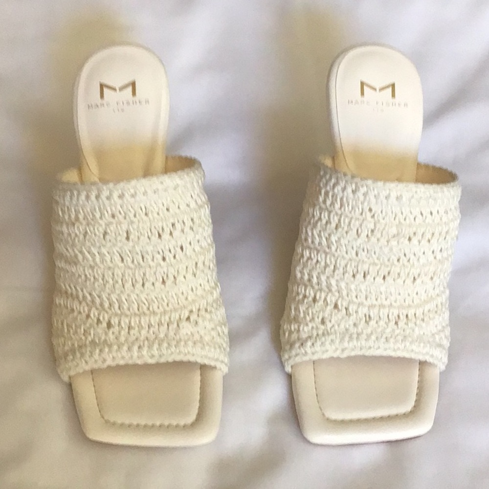 Marc Fisher Dako Heeled Mule Cream Crochet Sandals